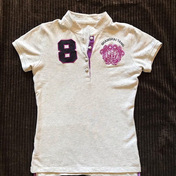Shanghai Tang Women’s Polo top - Gray with Purple Embroidery details - Picture 1 of 16